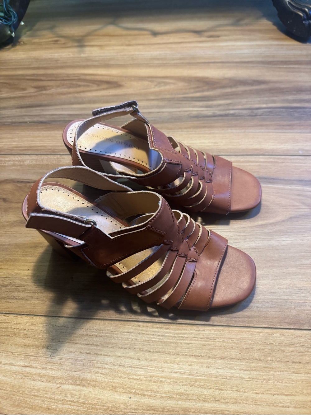 Adrienne Vittadini Brown Tan Strappy Block Heel Sandals
